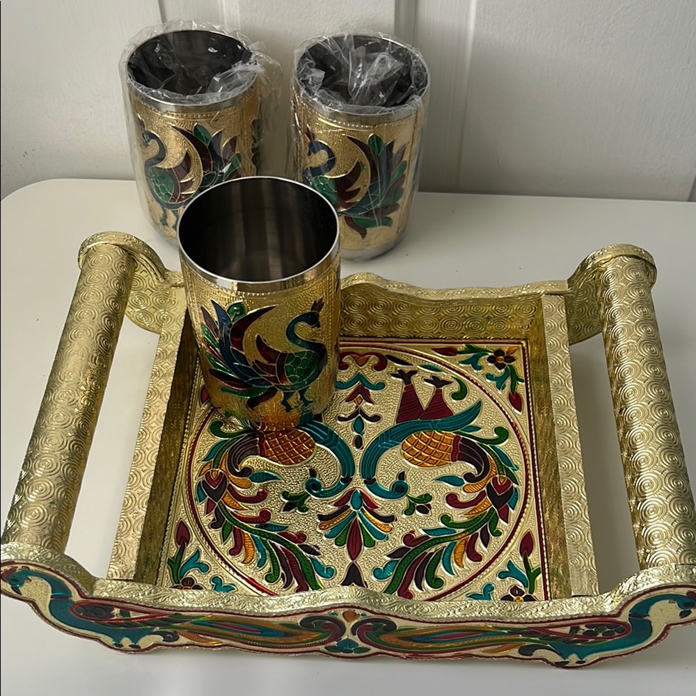 Made in India Gold/Multi Decorative Tray Set w Peacock Design 🦚